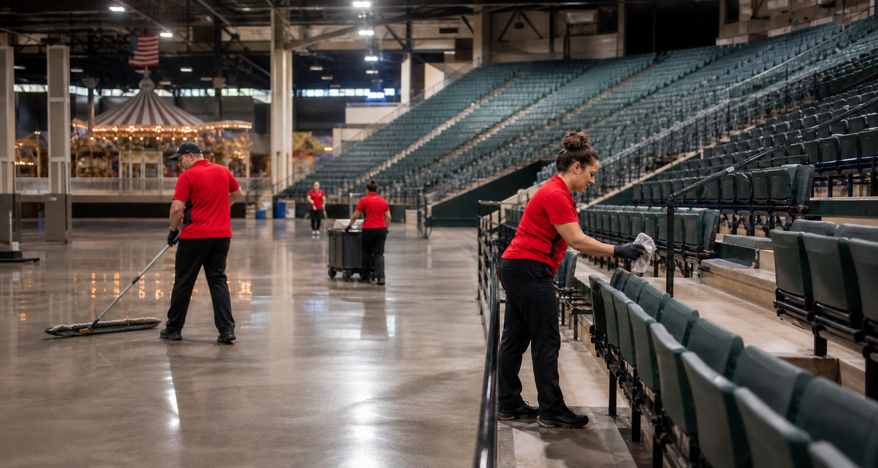 Arena cleaning crew in red shirts