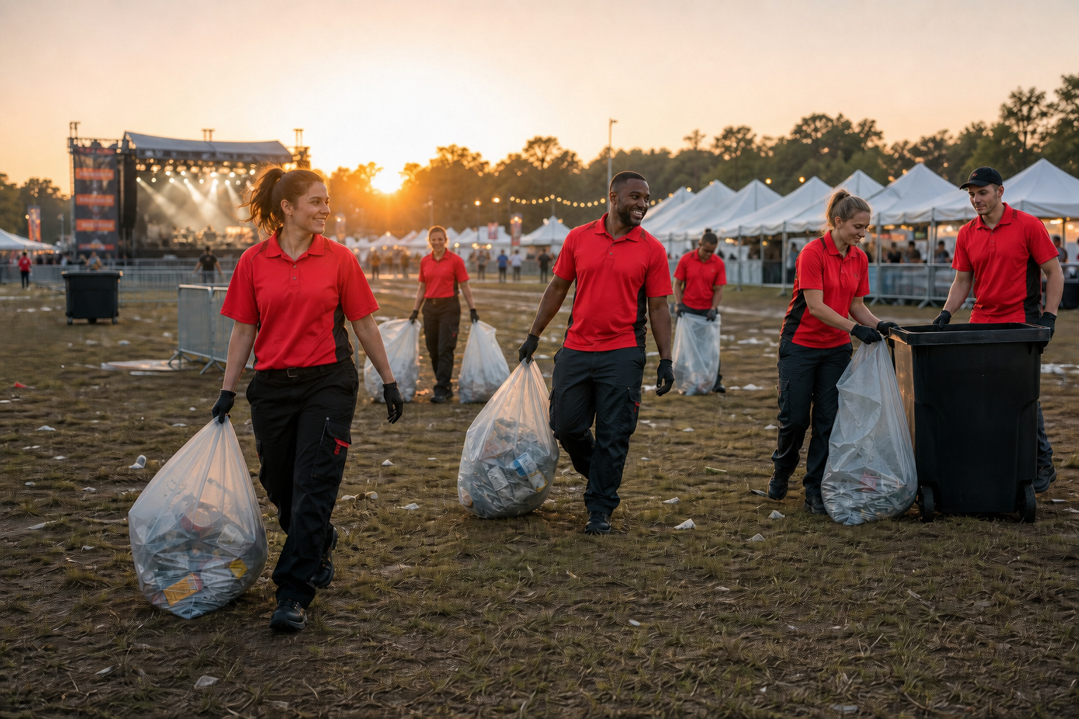 Event cleanup team in red shirts