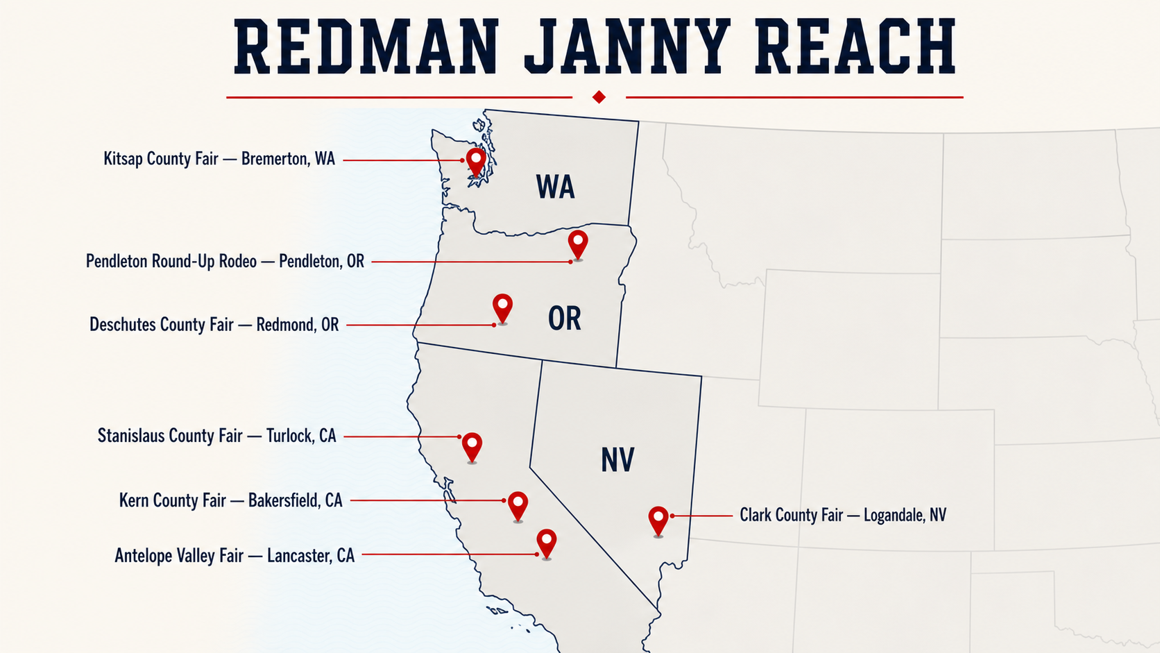 Map showing Redman Janny fair and event service reach across California, Nevada, Oregon, and Washington
