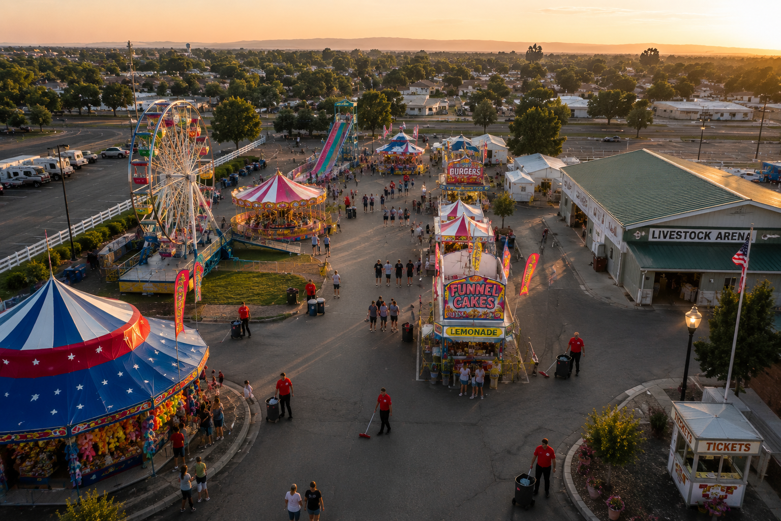 Aerial view of a busy fairground at sunset